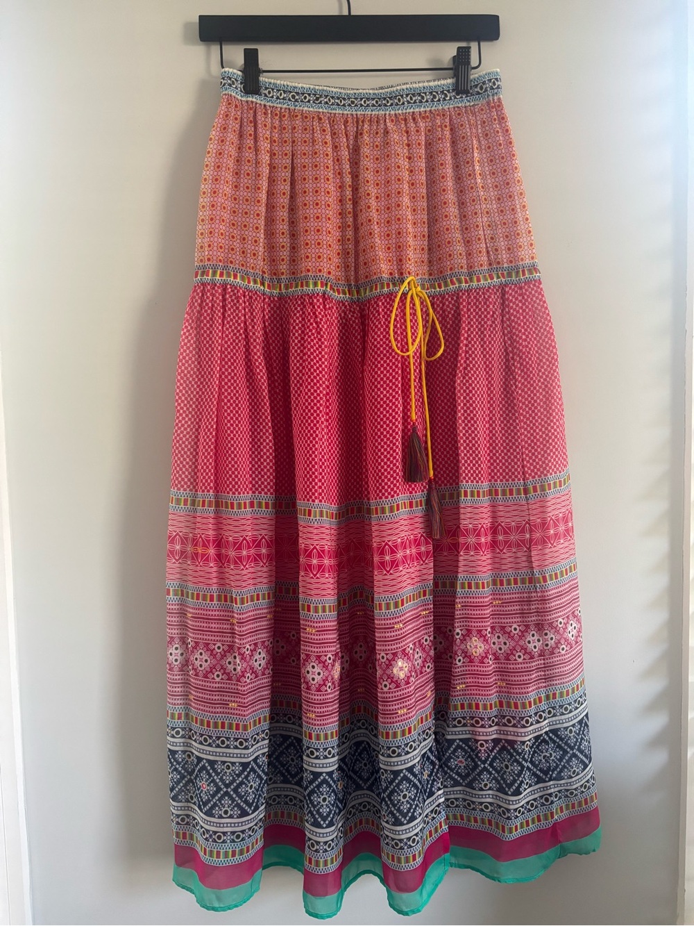Bohemian Pink Patterned Tiered Maxi Skirt with Yellow Drawcord